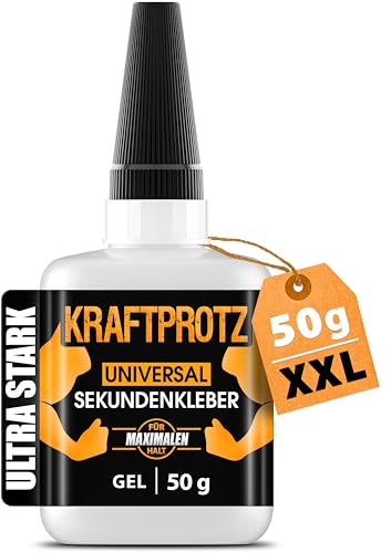 KRAFTPROTZ Sekundenkleber flüssig – 50g Superkleber für Holz, Glas, Metall – wasserfest & hitzebeständig, ideal für präz