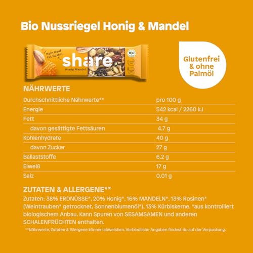 Share Bio Nussriegel Schoko & Meersalz – Veganer Snack für unterwegs – Mandeln und Haselnüsse ohne Palmöl