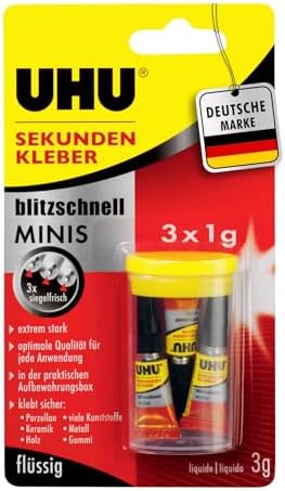UHU Sekundenkleber extra stark | 3x1g Tuben im Set mit Aufbewahrungsbox | Ideal für Kunststoff, Metall, Holz & Keramik