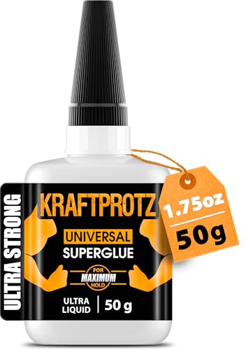 KRAFTPROTZ Sekundenkleber flüssig – 50g Superkleber für Holz, Glas, Metall – wasserfest & hitzebeständig, ideal für präz