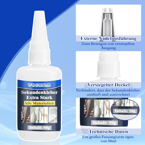 Sekundenkleber Extra Stark 50g – Wasserfest & Hitzebeständig für Holz, Metall, Glas und Kunststoff – Ideal für Alltagsre