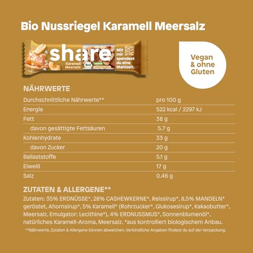 Share Bio Nussriegel Schoko & Meersalz – Veganer Snack für unterwegs – Mandeln und Haselnüsse ohne Palmöl