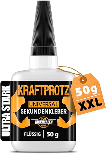 KRAFTPROTZ Sekundenkleber flüssig – 50g Superkleber für Holz, Glas, Metall – wasserfest & hitzebeständig, ideal für präz