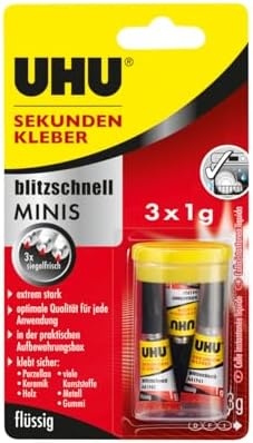 UHU Sekundenkleber extra stark | 3x1g Tuben im Set mit Aufbewahrungsbox | Ideal für Kunststoff, Metall, Holz & Keramik