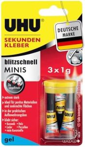 UHU Sekundenkleber extra stark | 3x1g Tuben im Set mit Aufbewahrungsbox | Ideal für Kunststoff, Metall, Holz & Keramik