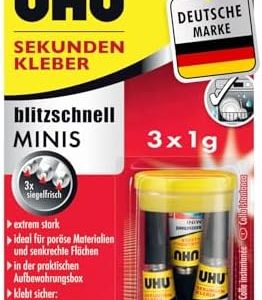 UHU Sekundenkleber extra stark | 3x1g Tuben im Set mit Aufbewahrungsbox | Ideal für Kunststoff, Metall, Holz & Keramik