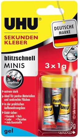 UHU Sekundenkleber extra stark | 3x1g Tuben im Set mit Aufbewahrungsbox | Ideal für Kunststoff, Metall, Holz & Keramik