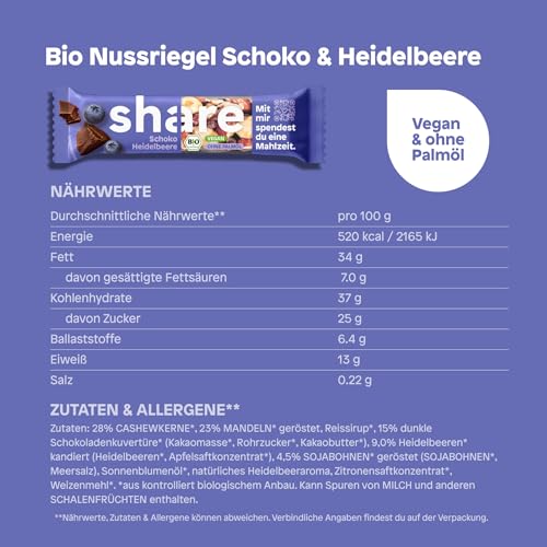 Share Bio Nussriegel Schoko & Meersalz – Veganer Snack für unterwegs – Mandeln und Haselnüsse ohne Palmöl