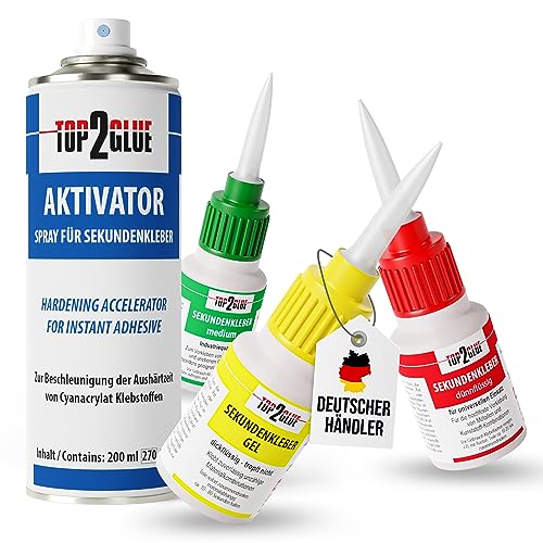 Top2Glue Premium Sekundenkleber Set – 3x Wasserfester & Hitzebeständiger Superkleber mit Aktivator Spray für starke Anwe