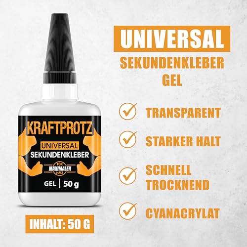 KRAFTPROTZ Sekundenkleber flüssig – 50g Superkleber für Holz, Glas, Metall – wasserfest & hitzebeständig, ideal für präz