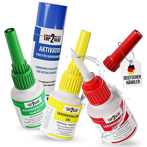 Top2Glue Premium Sekundenkleber Set – 3x Wasserfester & Hitzebeständiger Superkleber mit Aktivator Spray für starke Anwe
