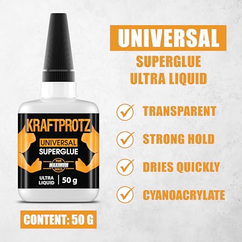 KRAFTPROTZ Sekundenkleber flüssig – 50g Superkleber für Holz, Glas, Metall – wasserfest & hitzebeständig, ideal für präz
