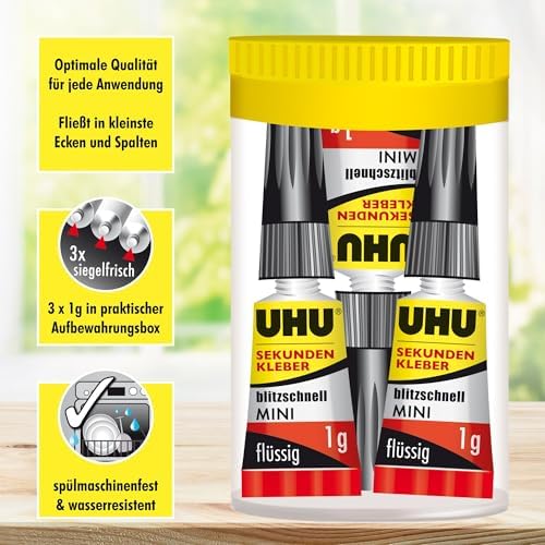 UHU Sekundenkleber extra stark | 3x1g Tuben im Set mit Aufbewahrungsbox | Ideal für Kunststoff, Metall, Holz & Keramik