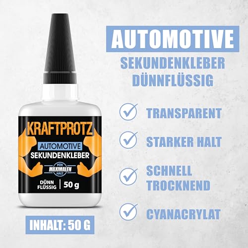 KRAFTPROTZ Sekundenkleber extra stark für KFZ & Motorrad – 50g, wasserfest und hitzebeständig, ideal für GFK, Kunststoff