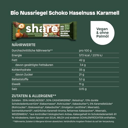 Share Bio Nussriegel Schoko & Meersalz – Veganer Snack für unterwegs – Mandeln und Haselnüsse ohne Palmöl