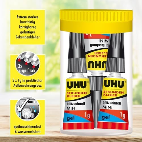 UHU Sekundenkleber extra stark | 3x1g Tuben im Set mit Aufbewahrungsbox | Ideal für Kunststoff, Metall, Holz & Keramik