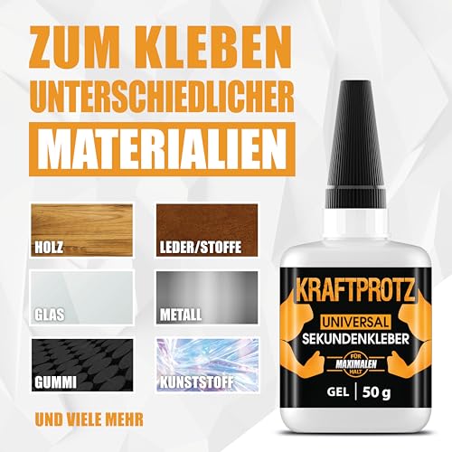 KRAFTPROTZ Sekundenkleber flüssig – 50g Superkleber für Holz, Glas, Metall – wasserfest & hitzebeständig, ideal für präz