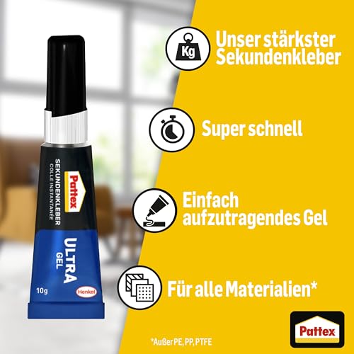 Pattex Sekundenkleber Ultra Gel – Extra starker, flexibler Superkleber für Gummi, Leder & Holz, 10g