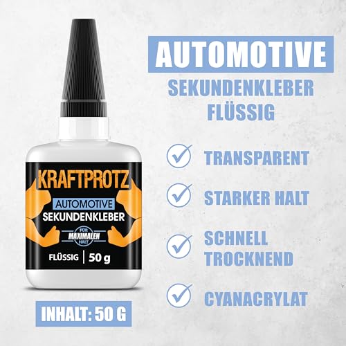 KRAFTPROTZ Sekundenkleber Gel für KFZ & Motorrad – 50g extra starker, hitzebeständiger und wasserfester Kleber für Repar