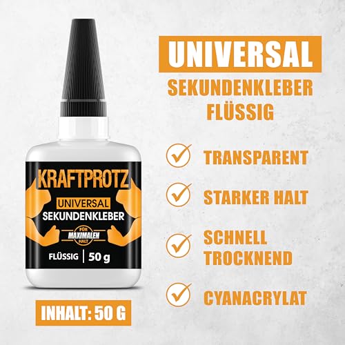 KRAFTPROTZ Sekundenkleber flüssig – 50g Superkleber für Holz, Glas, Metall – wasserfest & hitzebeständig, ideal für präz