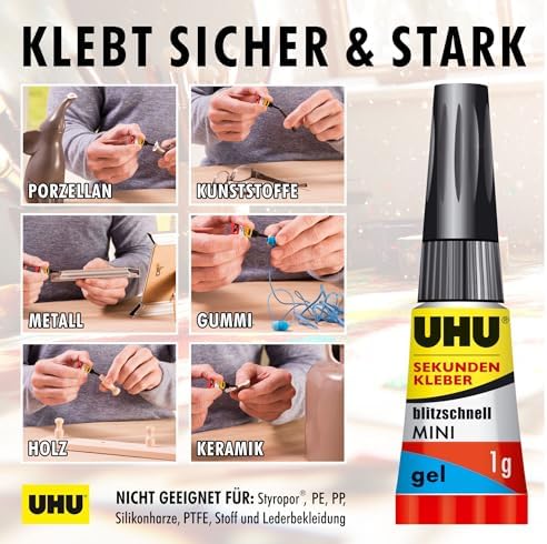 UHU Sekundenkleber extra stark | 3x1g Tuben im Set mit Aufbewahrungsbox | Ideal für Kunststoff, Metall, Holz & Keramik