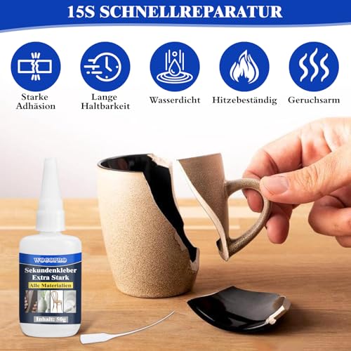 Sekundenkleber Extra Stark 50g – Wasserfest & Hitzebeständig für Holz, Metall, Glas und Kunststoff – Ideal für Alltagsre