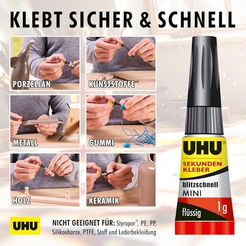 UHU Sekundenkleber extra stark | 3x1g Tuben im Set mit Aufbewahrungsbox | Ideal für Kunststoff, Metall, Holz & Keramik